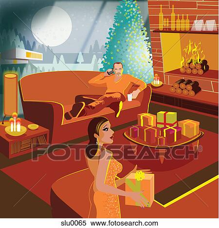 Stock Illustration - A couple at home over Christmas. Fotosearch