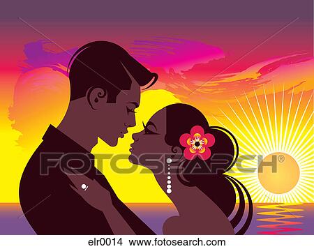 Stock Illustration - A couple embracing in front of an orange sunset. Fotosearch