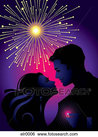 Stock Illustration - A couple embracing under a sky filled with fireworks. Fotosearch
