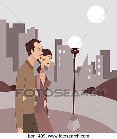 Stock Illustration - A couple walking through a city. Fotosearch