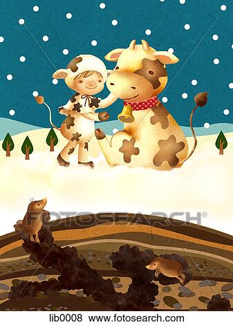 A cow and a young child in a cow costume View Large Illustration Stock Illustration - A cow and a young child in a cow costume. Fotosearch