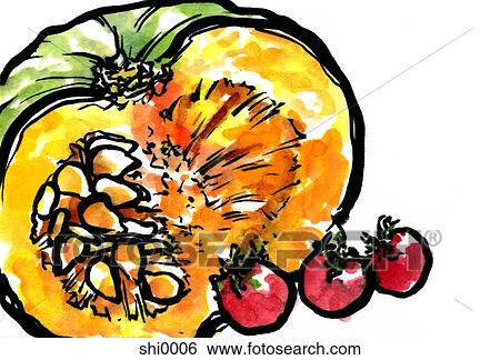 A cut pumpkin and cherry tomatoes View Large Illustration Stock Illustration - A cut pumpkin and cherry tomatoes. Fotosearch