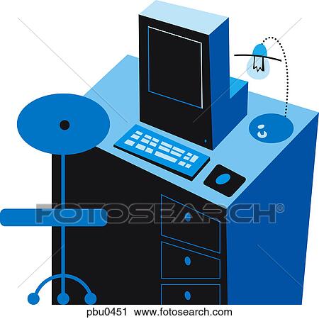 Clip Art - A desk, chair, computer, and lamp. Fotosearch
