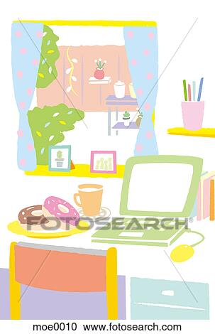 A desk with laptop computer and doughnuts View Large Illustration Clipart - A desk with laptop computer and doughnuts. Fotosearch