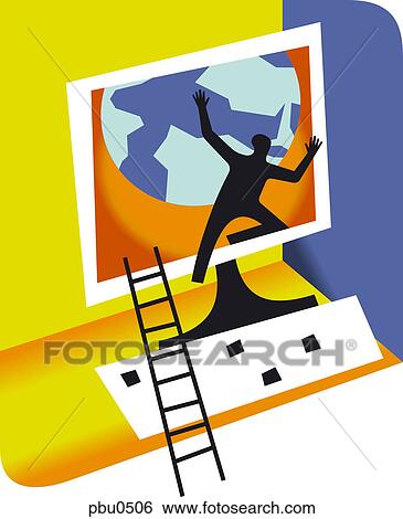 Stock Illustration - A figure climbing onto a computer screen. Fotosearch