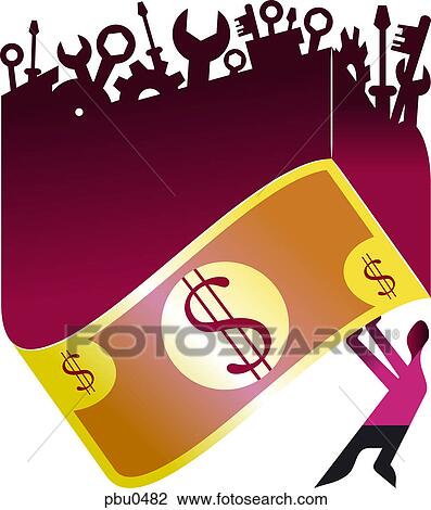 Drawing - A figure under a large dollar note and tools. Fotosearch