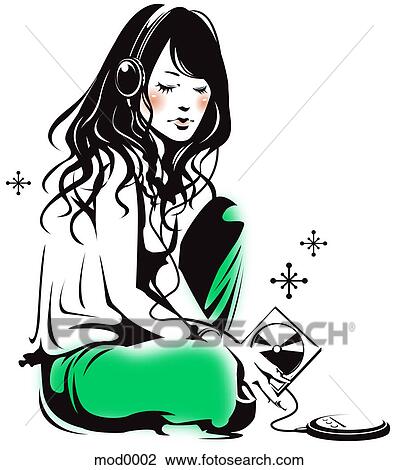 A girl listening to a music View Large Illustration Drawing - A girl listening to a music. Fotosearch