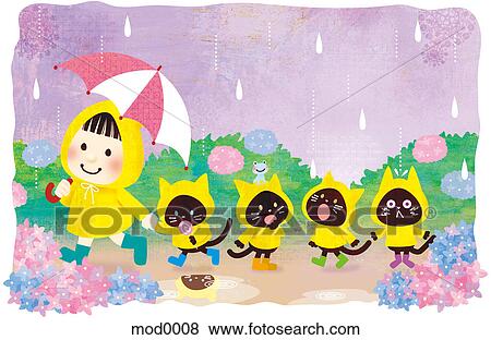 A girl walking four cats in the rain all with rain coats on View Large Illustration Stock Illustration - A girl walking four cats in the rain all with rain coats on. Fotosearch