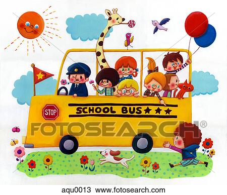 Drawing - A group of children and animals in a yellow school bus. Fotosearch