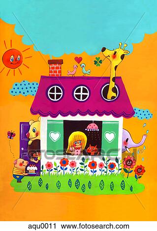 Clip Art - A group of children and animals playing in a house. Fotosearch