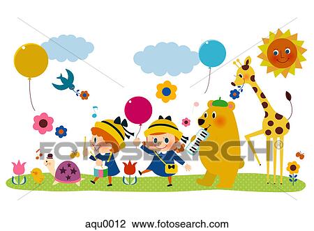 Drawing - A group of children and animals playing. Fotosearch