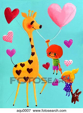A group of children playing with a giraffe View Large Illustration Stock Illustration - A group of children playing with a giraffe. Fotosearch