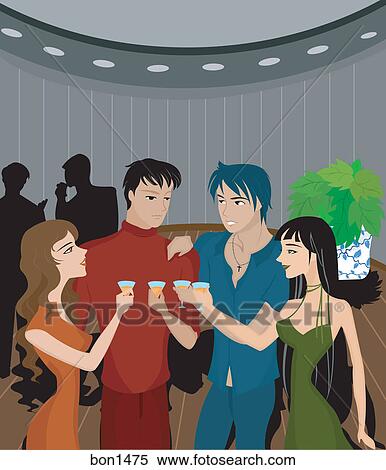 Stock Illustration - A group of people clinking their glasses in celebration at a party. Fotosearch