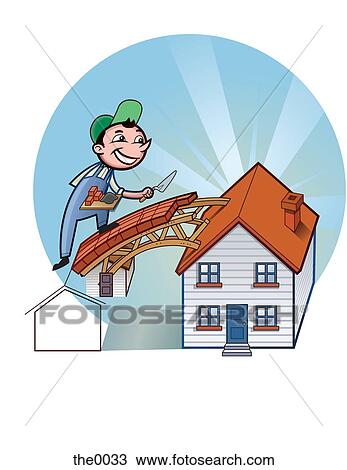 A handyman fixing a home roof View Large Illustration Drawing - A handyman fixing a home roof. Fotosearch