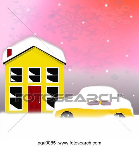 Stock Illustration - A house and car covered in snow. Fotosearch