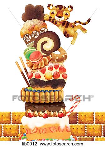 Drawing - A large layered cake and a lion cub. Fotosearch