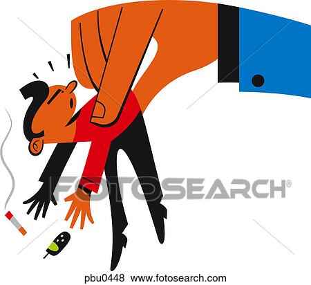 Stock Illustration - A man being picked up by a large hand and on the ground are a cigarette and cell phone. Fotosearch