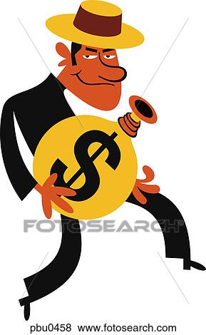 Stock Illustration - A man carrying a big bottle labeled with a dollar sign. Fotosearch