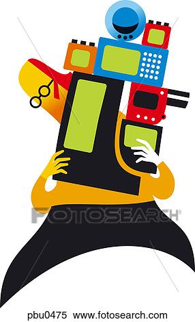 Stock Illustration - A man carrying a stack of devices. Fotosearch