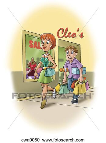 A man carrying shopping bags from a store for a woman View Large Illustration Clipart - A man carrying shopping bags from a store for a woman. Fotosearch