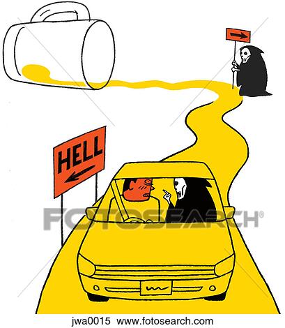 A man driving to hell on a road of spilt beer View Large Illustration Stock Illustration - A man driving to hell on a road of spilt beer. Fotosearch
