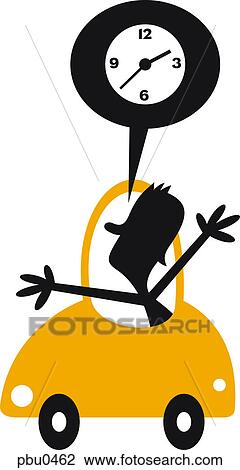 Drawing - A man in a car with his hands out and a clock in a speech bubble. Fotosearch