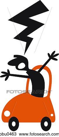 Drawing - A man in a car with his hands out and lightning above him. Fotosearch