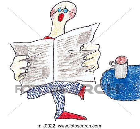 Drawing - A man reading the newspaper at a cafe. Fotosearch