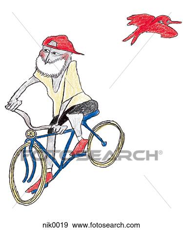 Stock Illustration - A man riding a bicycle with a red bird flying above. Fotosearch