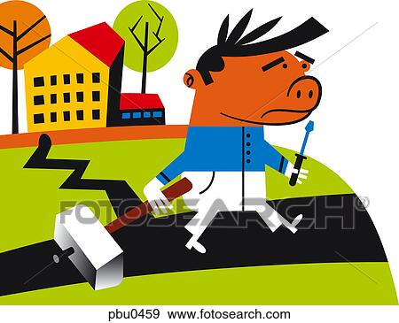 Stock Illustration - A man walking along a street carrying a sledgehammer and screwdriver. Fotosearch