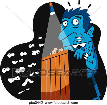 A nervous man under a spotlight standing at a podium while eyes look upon him View Large Illustration Drawing - A nervous man under a spotlight standing at a podium while eyes look upon him. Fotosearch