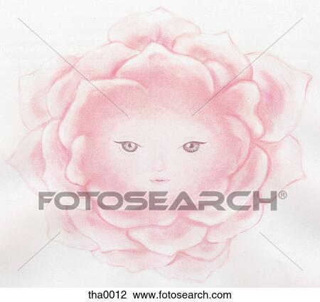 Drawing - A painting of a face in a flower. Fotosearch