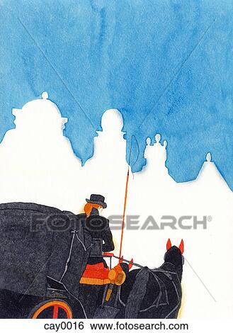 Stock Illustration - A painting of a horse and carriage. Fotosearch