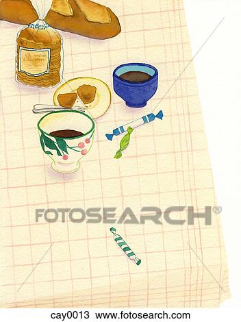 Drawing - A painting of a tabletop with bread and coffee. Fotosearch
