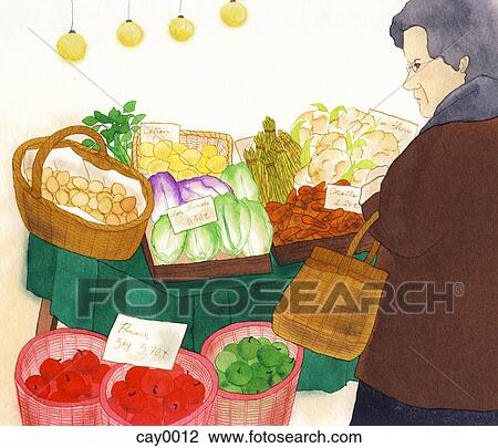 A painting of a woman at a market stall View Large Illustration Drawing - A painting of a woman at a market stall. Fotosearch