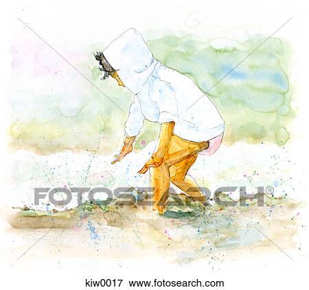 Stock Illustration - A painting of a young child playing in the sea. Fotosearch