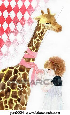 Stock Illustration - A painting of a young girl tying a bow to a giraffe. Fotosearch