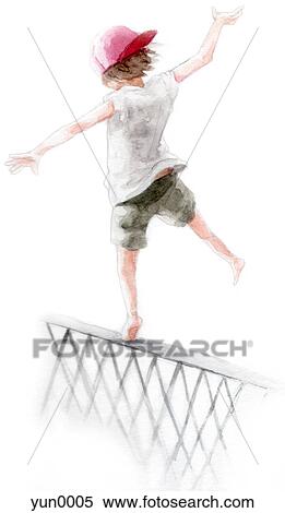 Stock Illustration - A painting of a young girl walking on a fence. Fotosearch