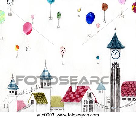 Drawing - A painting of envelopes attached to balloons over a village. Fotosearch