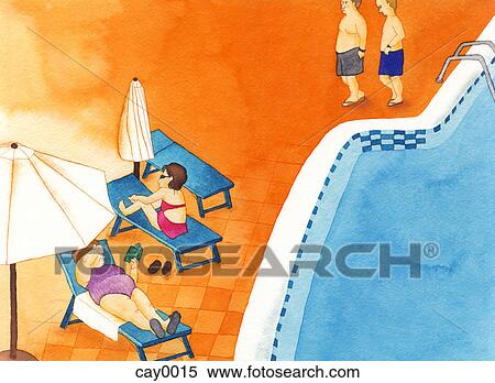Stock Illustration - A painting of people sunbathing by a swimming pool. Fotosearch