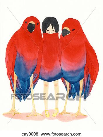 Stock Illustration - A painting of two birds and a child dressed as a bird. Fotosearch