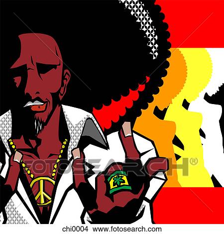 Stock Illustration - A portrait of a man with a large afro and peace symbol around his neck. Fotosearch