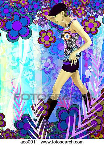 Clip Art - A portrait of a woman on a floral patterned background. Fotosearch