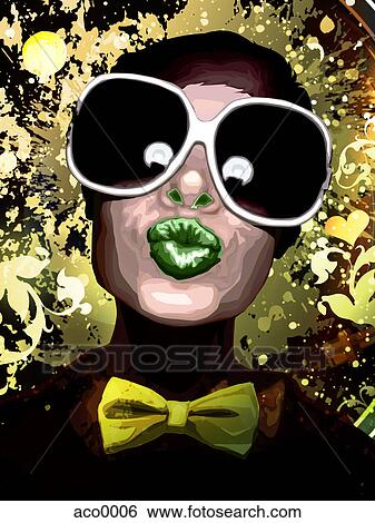 A portrait of a woman wearing a bow tie and large sunglasses View Large Illustration Stock Illustration - A portrait of a woman wearing a bow tie and large sunglasses. Fotosearch