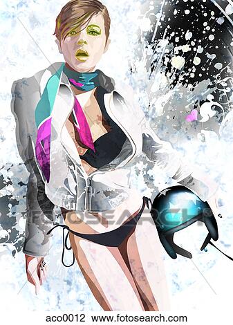 Drawing - A portrait of a woman with a racing helmet. Fotosearch