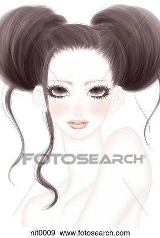 Stock Illustration - A portrait of a woman with her hair in two large buns. Fotosearch