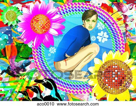A portrait of a young woman on a collaged background View Large Illustration Clipart - A portrait of a young woman on a collaged background. Fotosearch