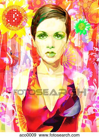 Stock Illustration - A portrait of a young woman on a patterned background. Fotosearch