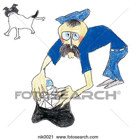 Clip Art - A postman sorting mail with a dog in the background. Fotosearch