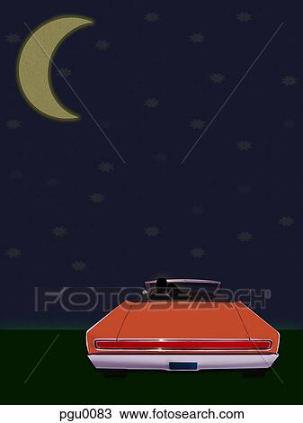 Drawing - A red convertible car under a star filled sky. Fotosearch